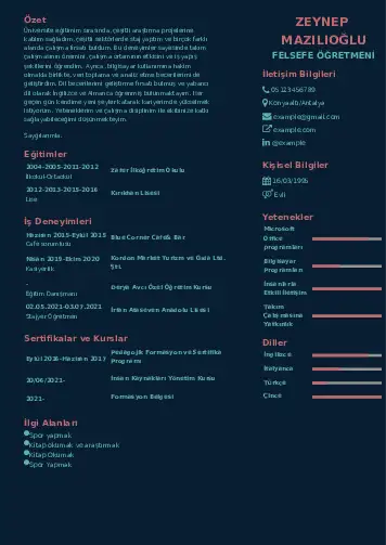 Felsefe Öğretmeni CV Örnekleri cv indir